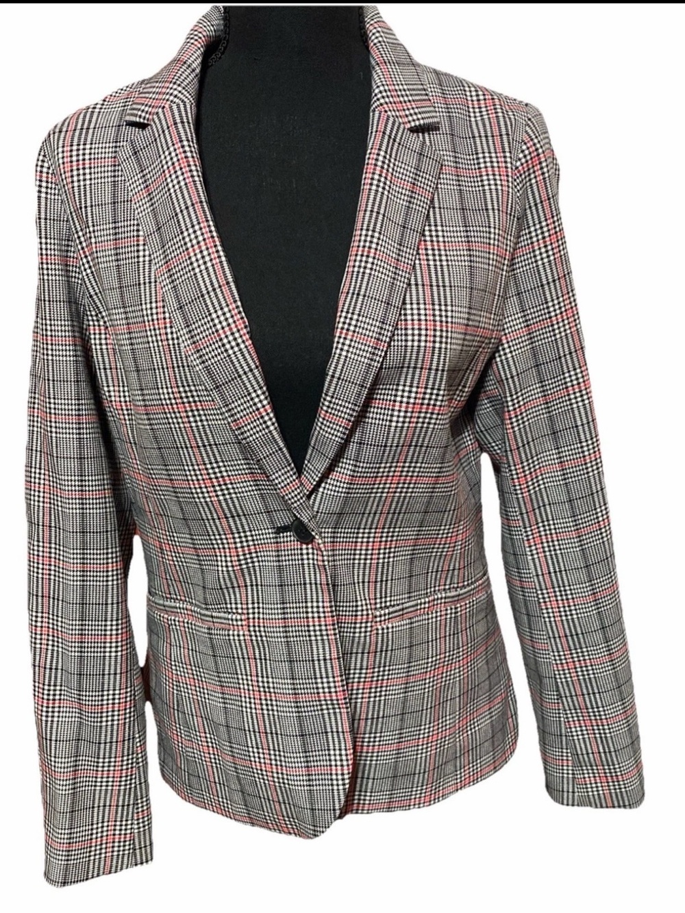 Women’s GAP Academy Blazer Grid Plaid Size 4 Red Black White One Button